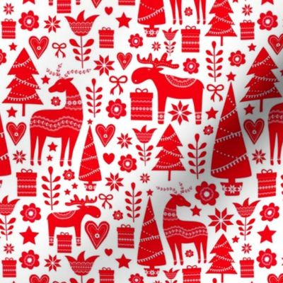 Medium Scale Scandinavian Woodland Winter Red and White Christmas