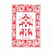  Fat Quarter Panel Wall or Door Hanging or Tea Towel Merry Christmas Scandinavian Woodland Winter Red and White Holidays