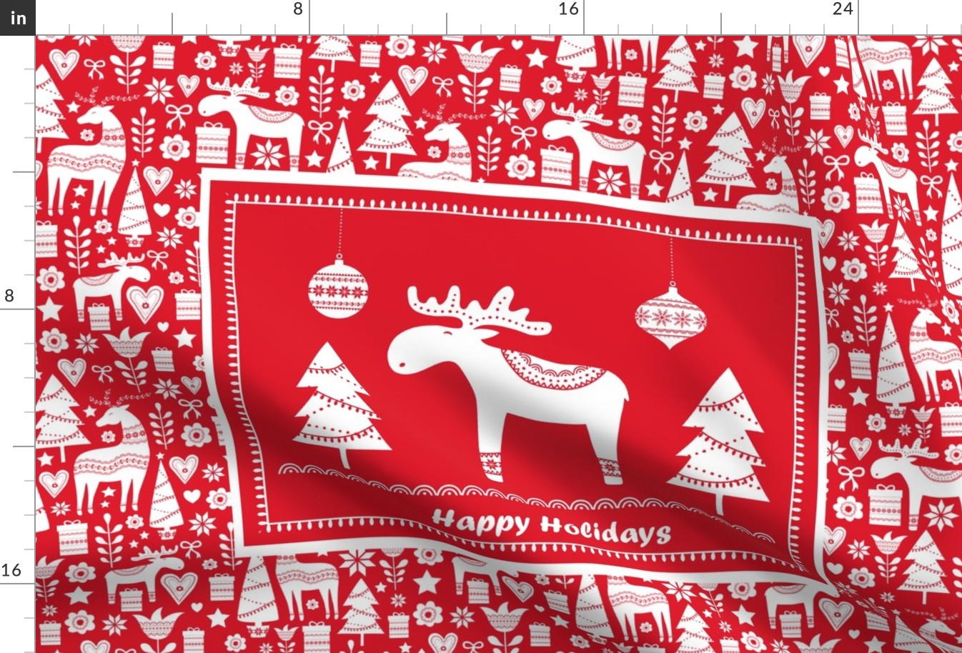 Fat Quarter Panel Tea Towel Size Scandi Christmas Red and White Scandinavian Holidays