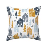 Large Scale Scandinavian Winter Cozy Scandi Style Houses Trees Blue Navy Gold