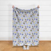 Large Scale Periwinkle Blue and Gold Mod Flowers 