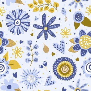 Large Scale Periwinkle Blue and Gold Mod Flowers 