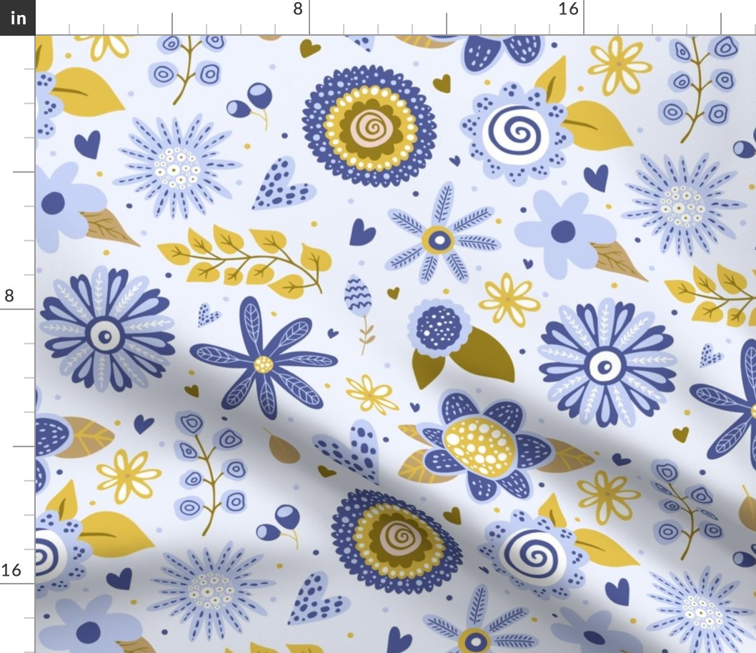 Large Scale Periwinkle Blue and Gold Mod Flowers 