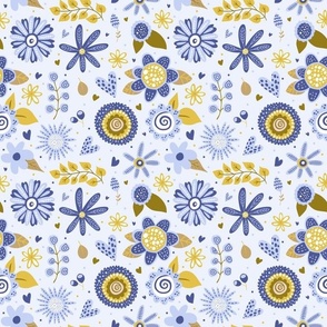 Medium Scale Periwinkle Blue and Gold Mod Flowers 