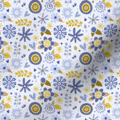 Small Scale Periwinkle Blue and Gold Mod Flowers 