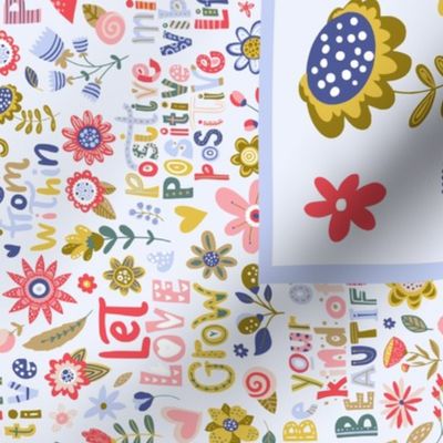 Fat Quarter Panel Wall or Door Hanging Tea Towel Size Happiness Blooms From Within Inspirational Floral