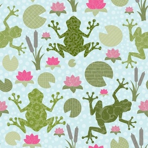 Large Scale Green Frog Pond Lily Pads Pink Flowers