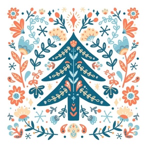 18x18 Square Panel for Cushion or Pillow Scandi Holidays Teal Christmas Tree Floral