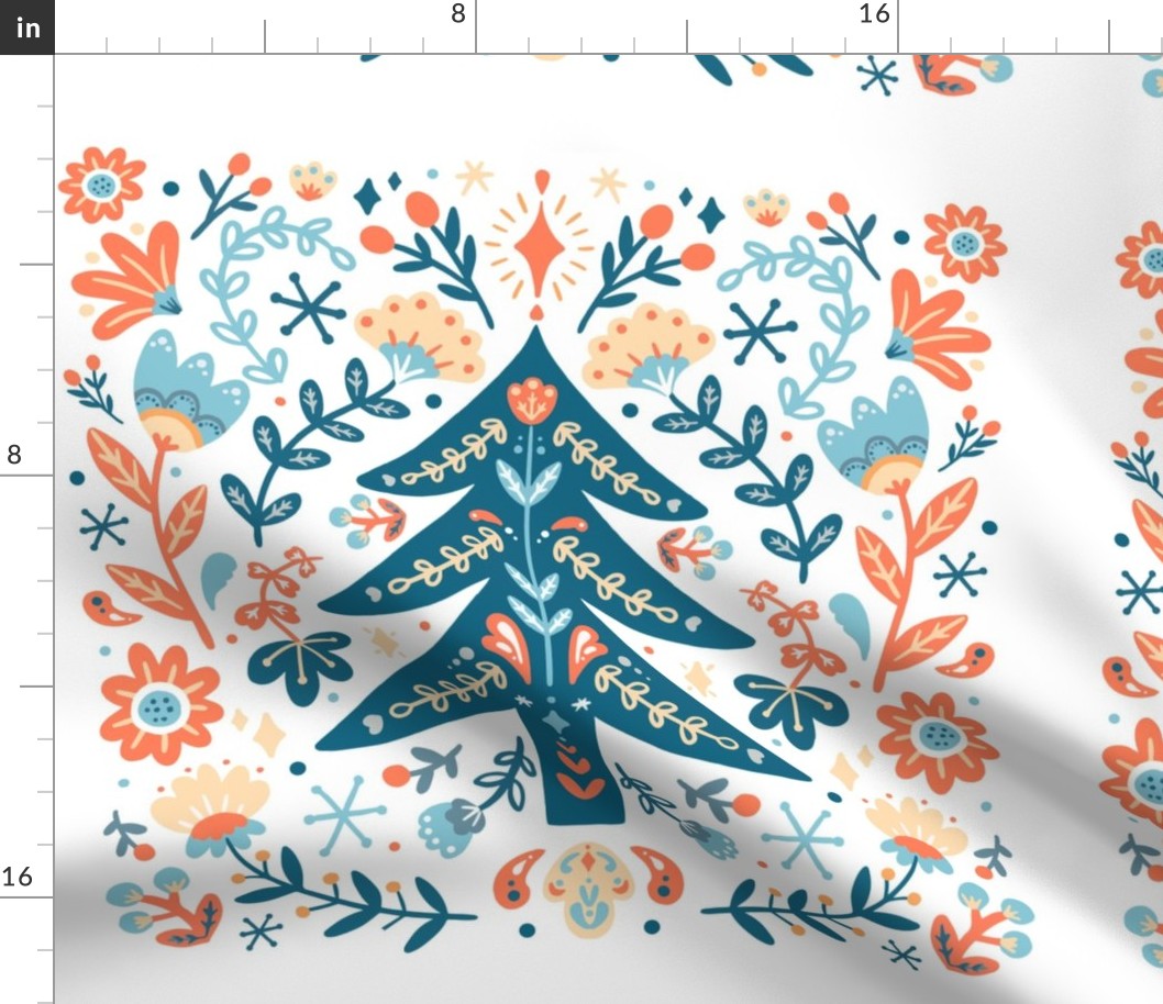 18x18 Square Panel for Cushion or Pillow Scandi Holidays Teal Christmas Tree Floral