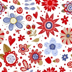 Large Scale Red and Blue Folk Art Flowers