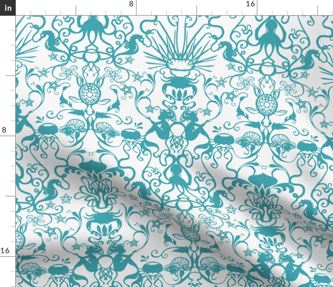 DEEPER SEA DAMASK - TURQUOISE ON WHITE