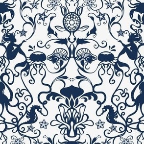 DEEPER SEA DAMASK - SMALL, BLUE ON WHITE 