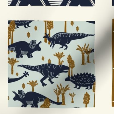 Dinosaur Cheater Quilt - Navy - Geometric, Light Blue, Cream Copper