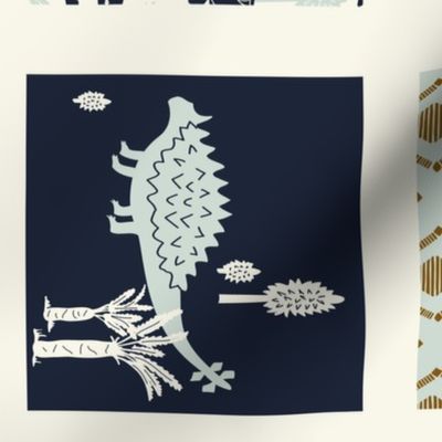 Dinosaur Cheater Quilt - Navy - ROTATED - Geometric, Light Blue, Cream Copper