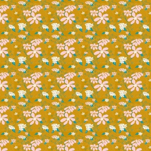 Pink Joy Flowers on Mustard Background with accents of Teal