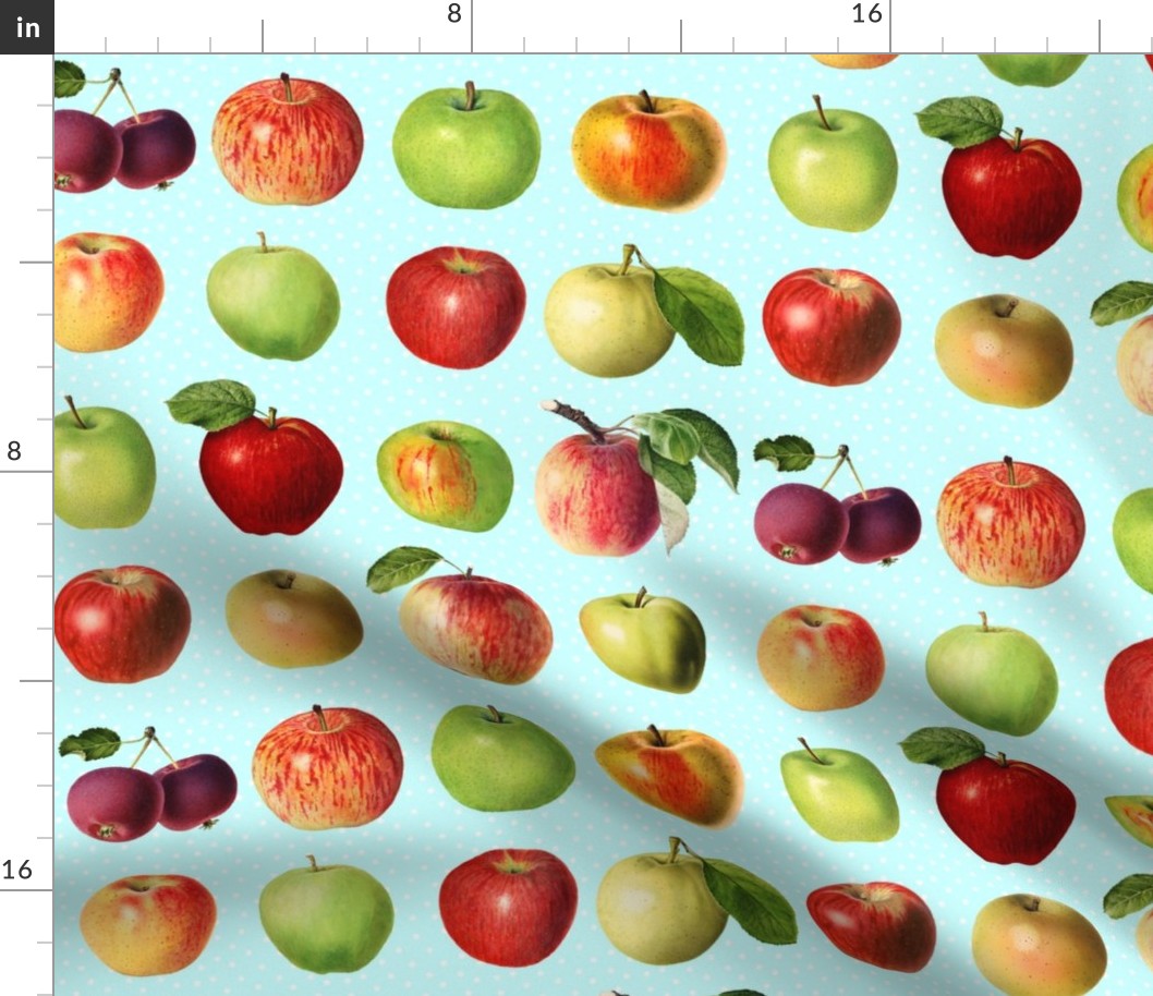 Apples and dots on ice blue ground