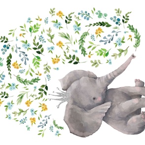 42"x36" Baby Elephant with Yellow and Blue Floral Buds