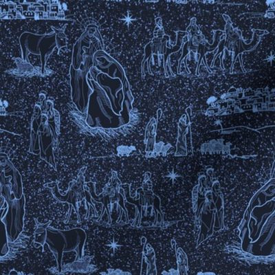 Starry Nativity Toile de Jouy, Blue on Navy