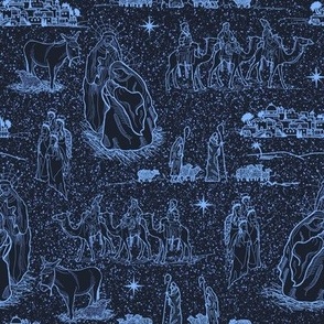 Starry Nativity Toile de Jouy, Blue on Navy
