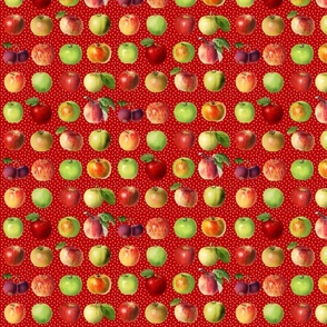 Tiny apples and dots on red ground