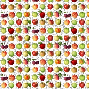 Tiny apples and black dots on white ground