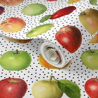 Apples and black dots on white ground