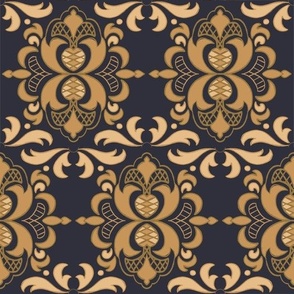 Regal Damask Navy Blue and Yellow Baroque