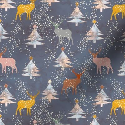 Watercolor Christmas forest with deers Navy Small scale