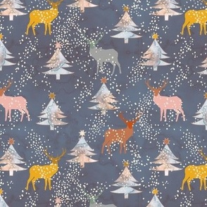 Watercolor Christmas forest with deers Navy Small scale