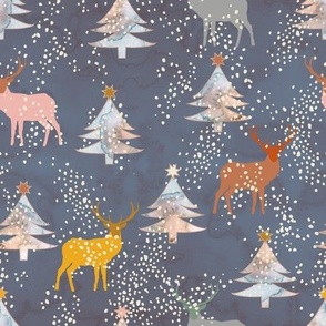 Watercolor Christmas forest with deers Navy Medium scale