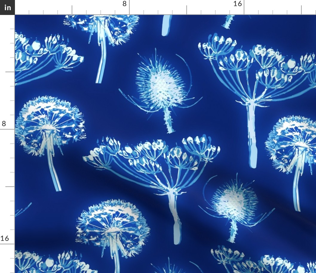 seed pod cyanotype - meadow mix - large Fabric | Spoonflower