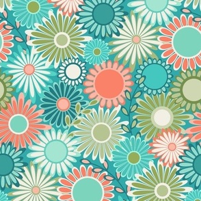 Mid Century Modern (MCM) Flower Pattern // Aqua Blue, Turquoise, Verdigris, Coral, Salmon, Green, Ivory, Cerulean // Small Scale - 1000 DPI