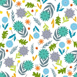 Medium // Pretty Little Flowers and Leaves // Summer Colours on White