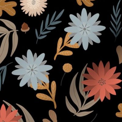Medium // Pretty Little Flowers and Leaves // Fall Colours on Black