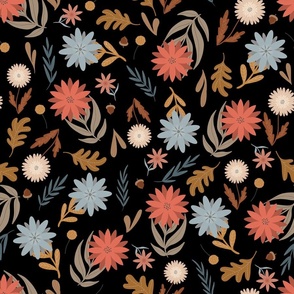 Medium // Pretty Little Flowers and Leaves // Fall Colours on Black