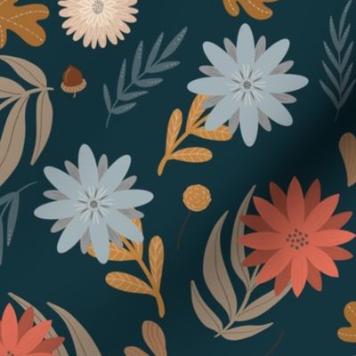 Medium // Pretty Little Flowers and Leaves // Fall Colours on Dark Teal