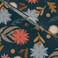 Medium // Pretty Little Flowers and Leaves // Fall Colours on Dark Teal