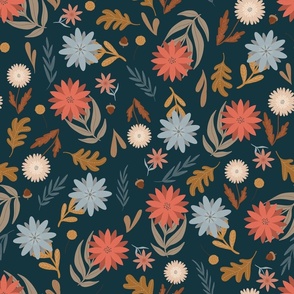 Medium // Pretty Little Flowers and Leaves // Fall Colours on Dark Teal