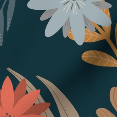Large // Pretty Little Flowers and Leaves // Fall Colours on Dark Teal