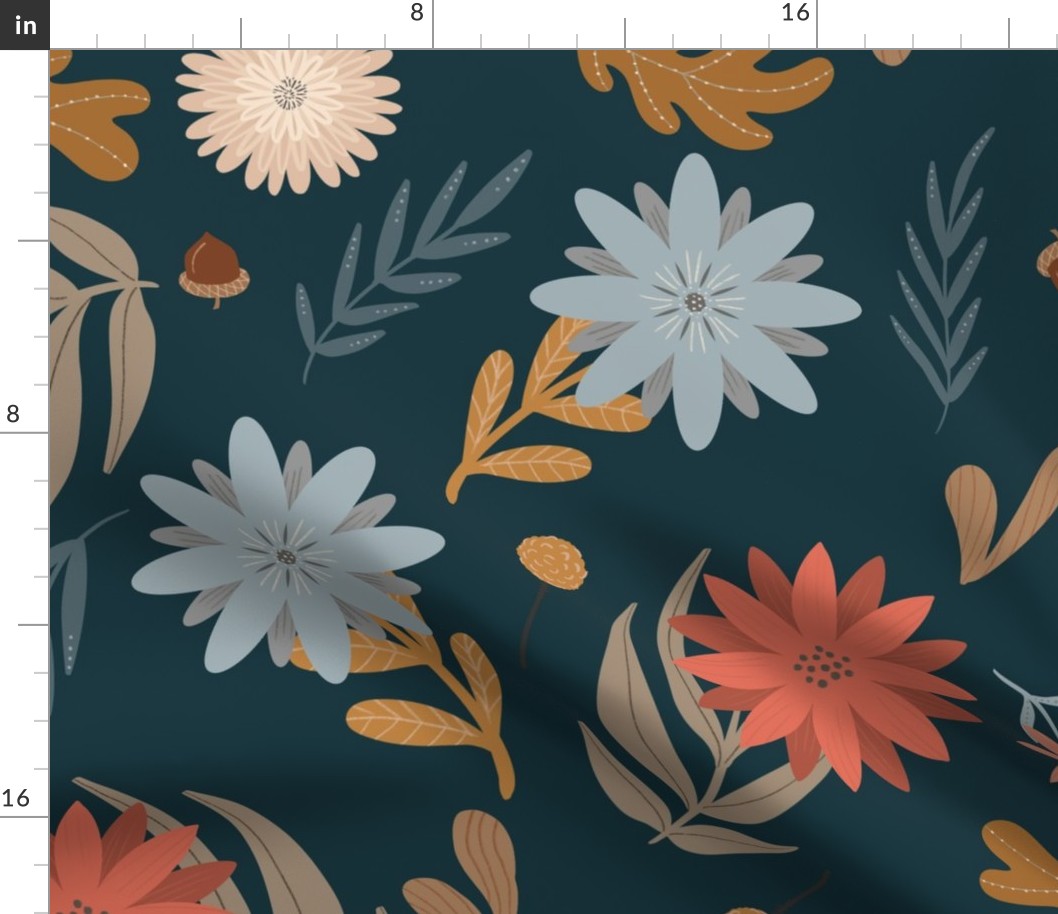 Large // Pretty Little Flowers and Leaves // Fall Colours on Dark Teal