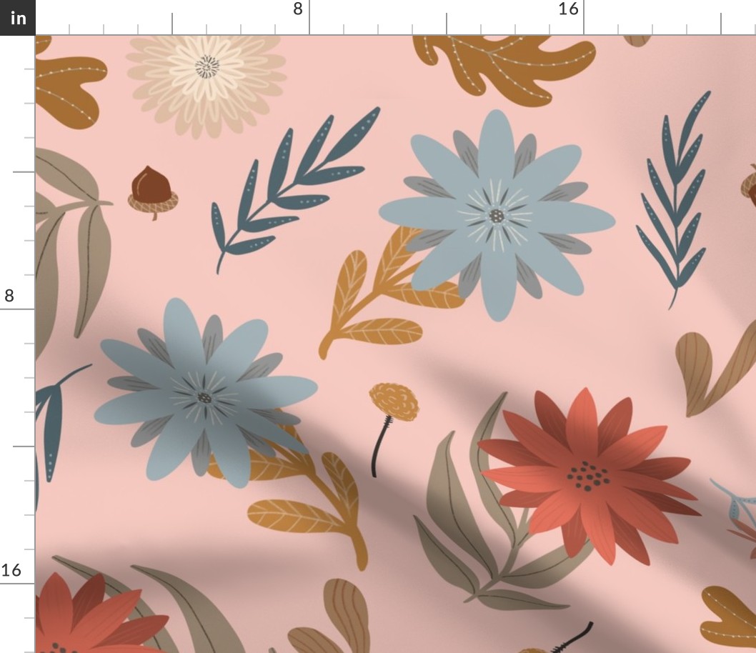 Large // Pretty Little Flowers and Leaves // Fall Colours on Pink