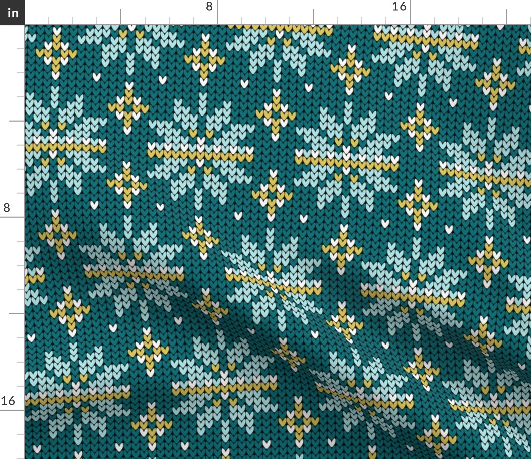 Festive Fair Isle Snowflake - Teal Green Large Scale