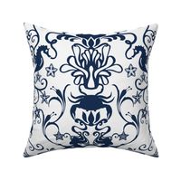 DEEPER SEA DAMASK - LARGE, BLUE ON WHITE 