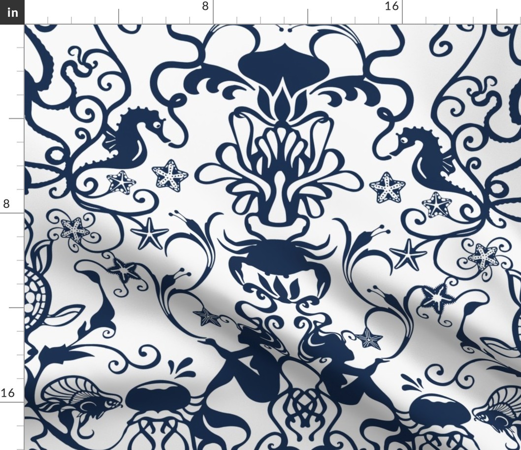 DEEPER SEA DAMASK - LARGE, BLUE ON WHITE 