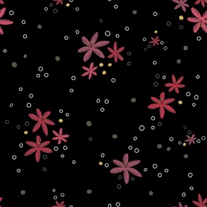 Pink flowers and dots pattern on black background