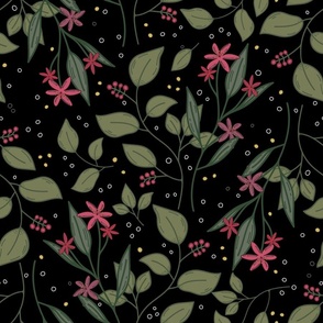 Tropical moody and dark floral pattern with dots