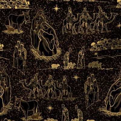 Starry Nativity Toile de Jouy, Gold on Black