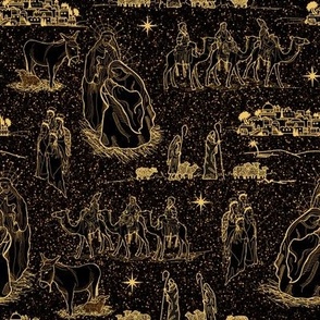 Starry Nativity Toile de Jouy, Gold on Black