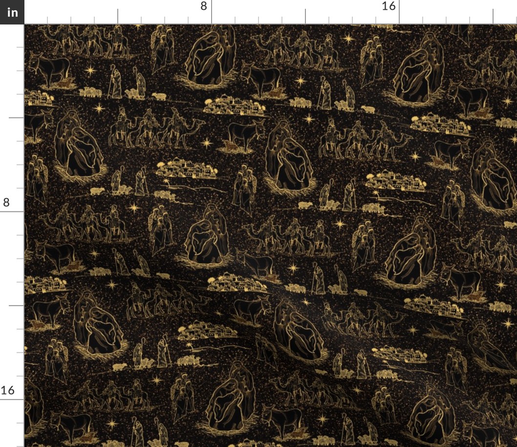 Starry Nativity Toile de Jouy, Gold on Black