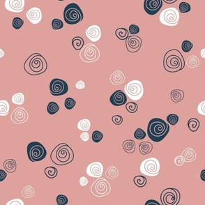 Navy blue and white doodle roses on blush pink background